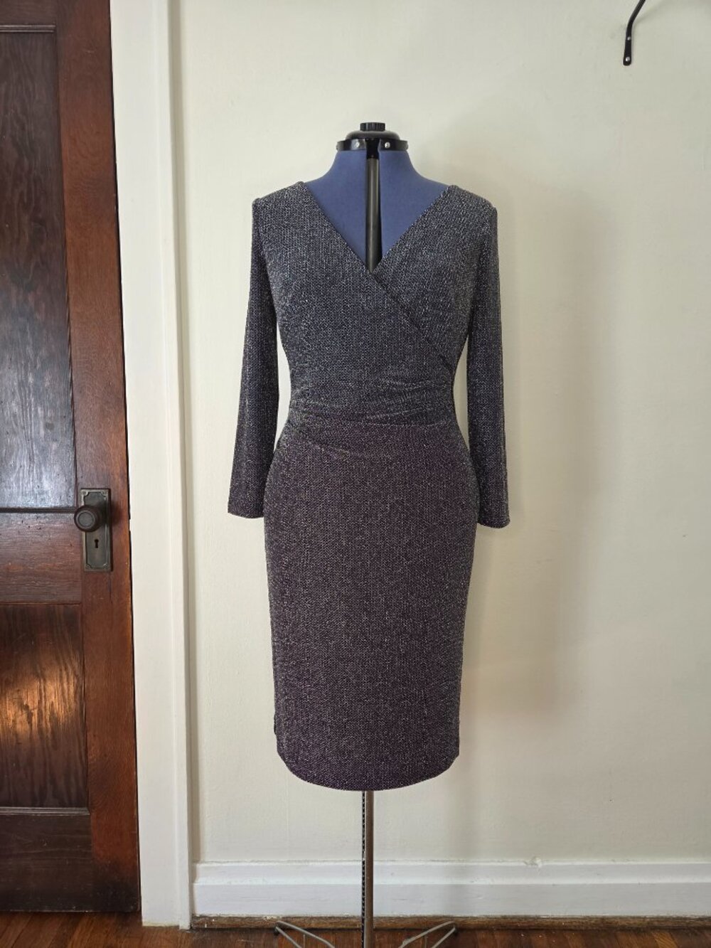 NWT Lauren Ralph Lauren Black and Silver Metallic V-Neck Wrap Dress